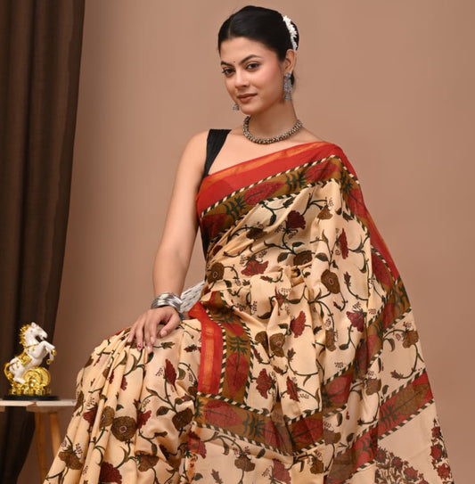 Hand Block Printed Malai Chanderi Cotton Saree with Elegant Zari Border