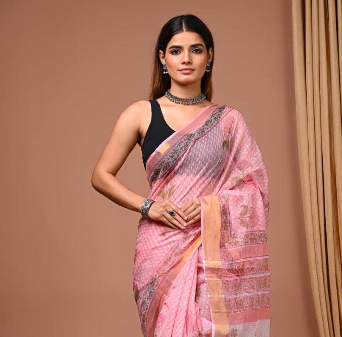 Premium Hand Block Printed Kota Doriya Saree with Golden Zari Border