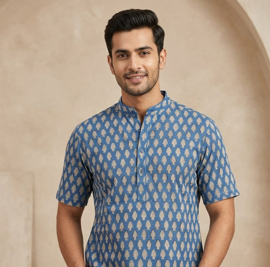 Artisanal Hand-Block Printed Cotton Short Kurta