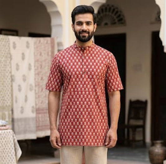 Artisanal Hand-Block Printed Cotton Short Kurta