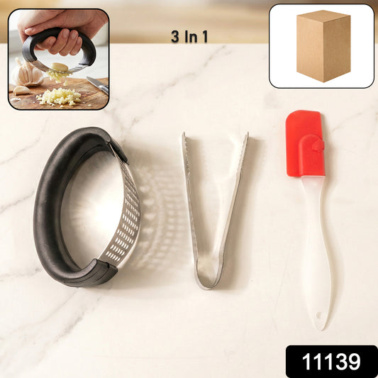 3-in-1 Kitchen Tool Set â Garlic Crusher, Tongs & Silicone Spatula