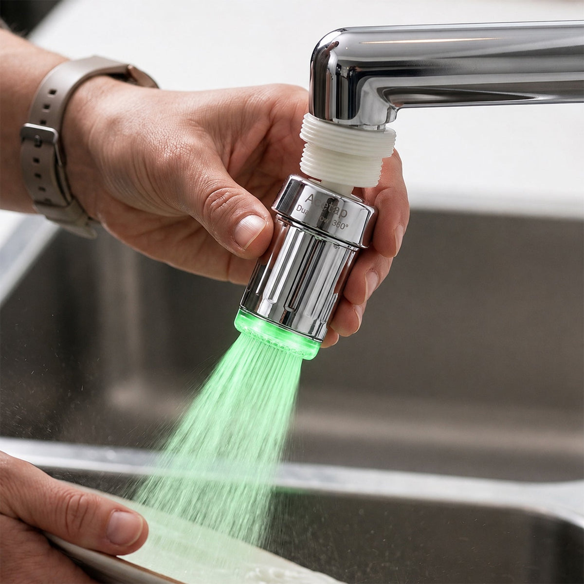 LED Light Dual Flow Faucet Tap Adapter with Splash Filter Aerator for Kitchen Sink
